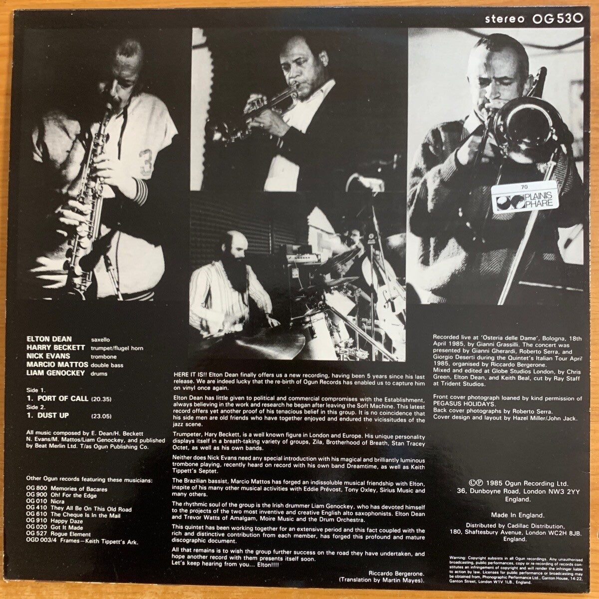Elton Dean Quintet - The Bologna Tape / 1st UK Press. 1985 - (M-/M-)