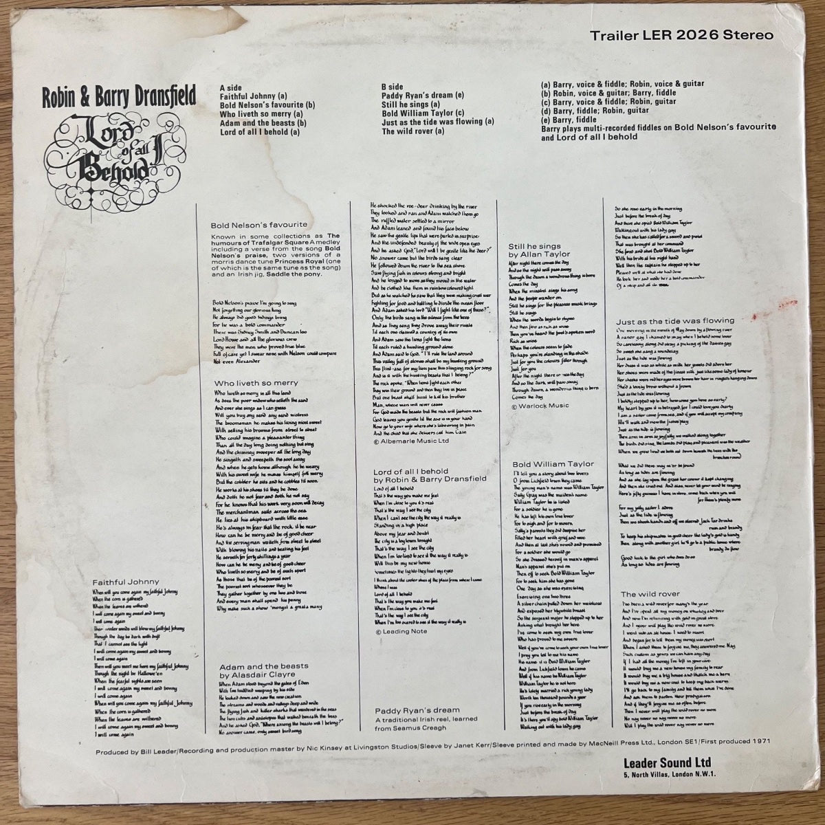 Robin & Barry Dransfield - Lord Of All I Behold / 1st UK Press. 1971 (M-/VG)