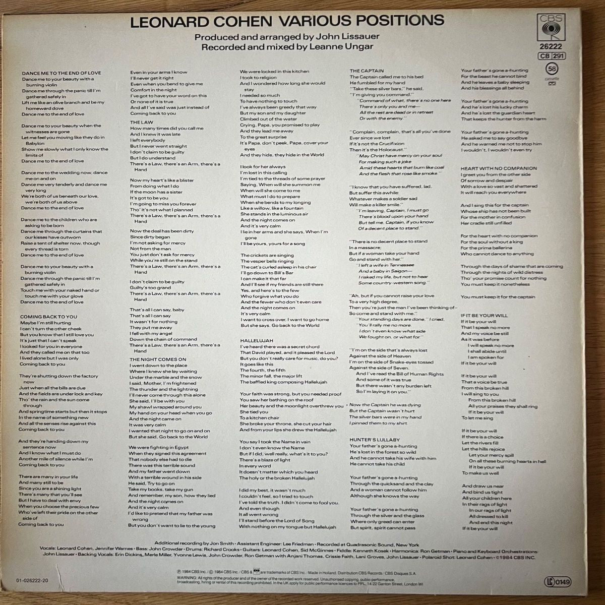Leonard Cohen - Various Positions / 1. NL Press. 1984 - (M-/M-)