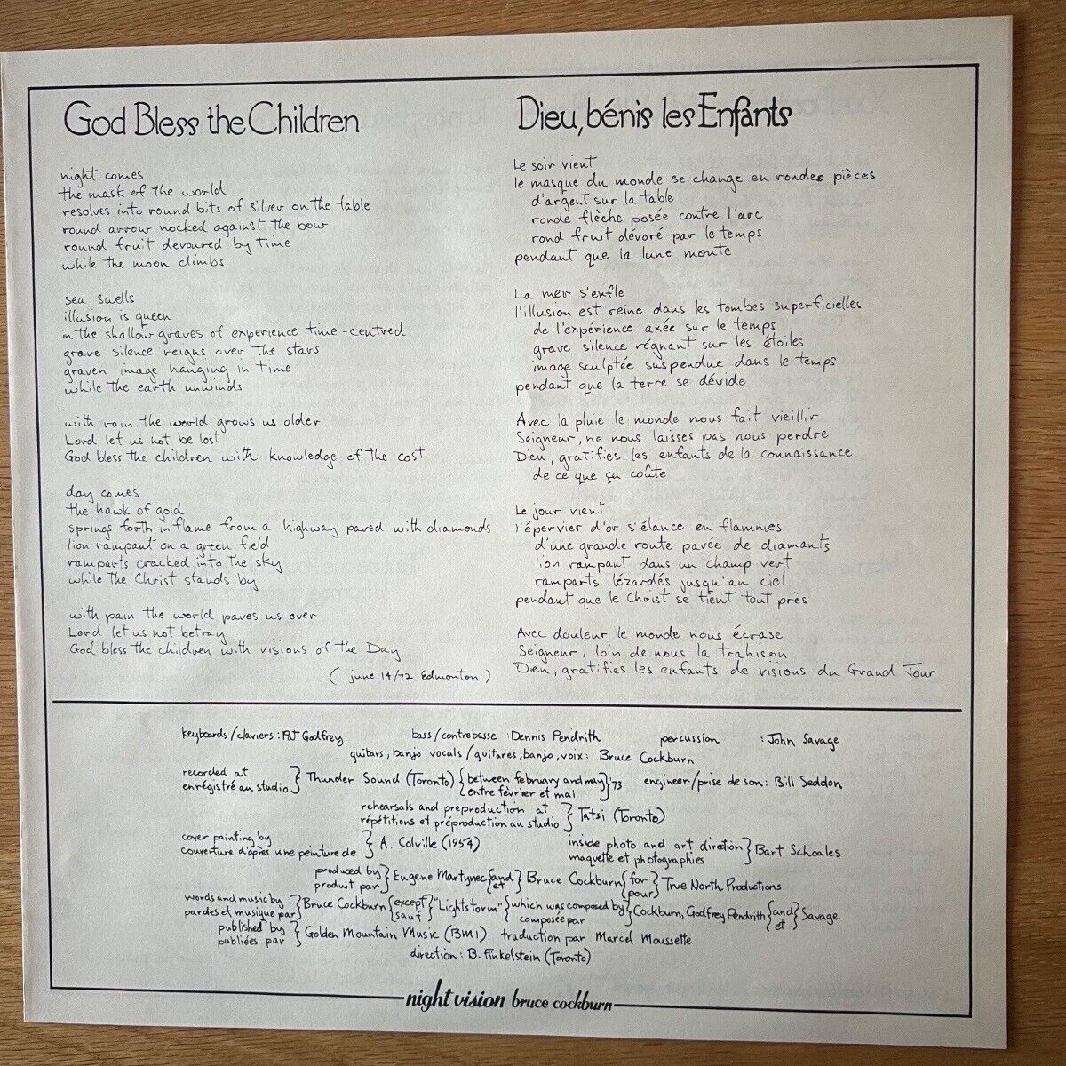 Bruce Cockburn - Night Vision / Canada Press. RE - (M-/M-)