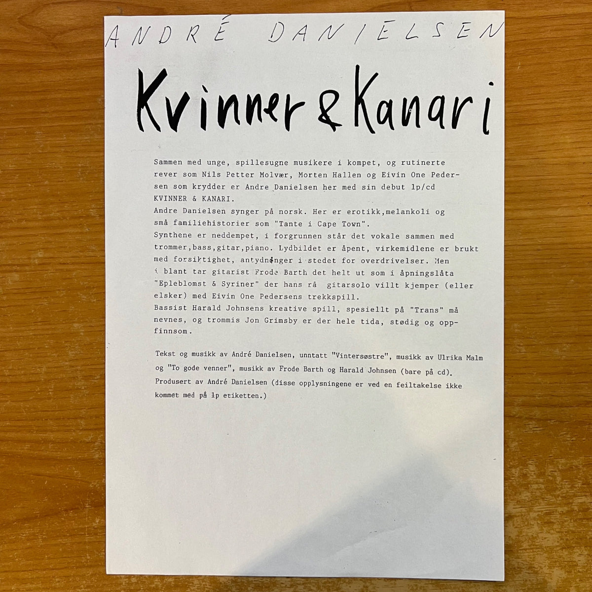 André Danielsen - Kvinner & Kanari / 1. Norway-Press. 1989 - (M-/VG++)