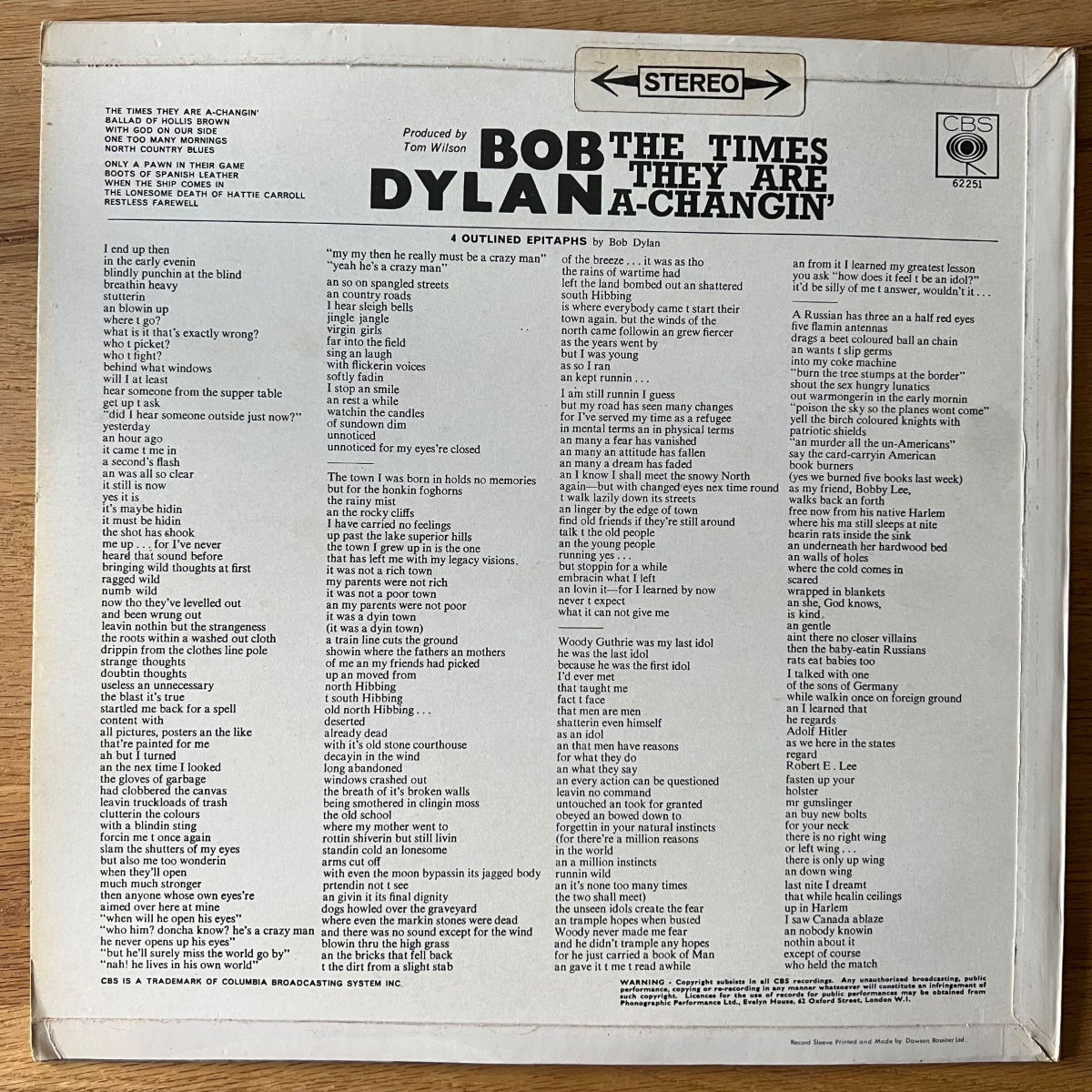 Bob Dylan - The Times They Are A-Changin' / UK-Press. 1967 - (M-/VG++)