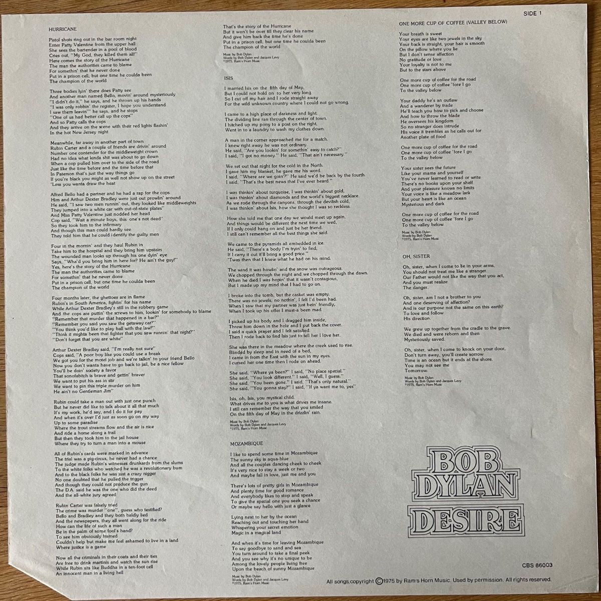 Bob Dylan - Desire / NL Press. 1976 - (M-/VG++)