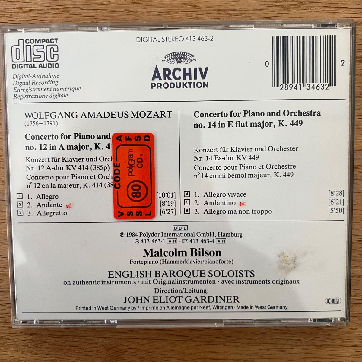 English Baroque Soloists, Malcolm Bilson - Mozart, Piano Concertos Nos 12&14 / CD - 1. D-Press. 198? - (M-/M-)