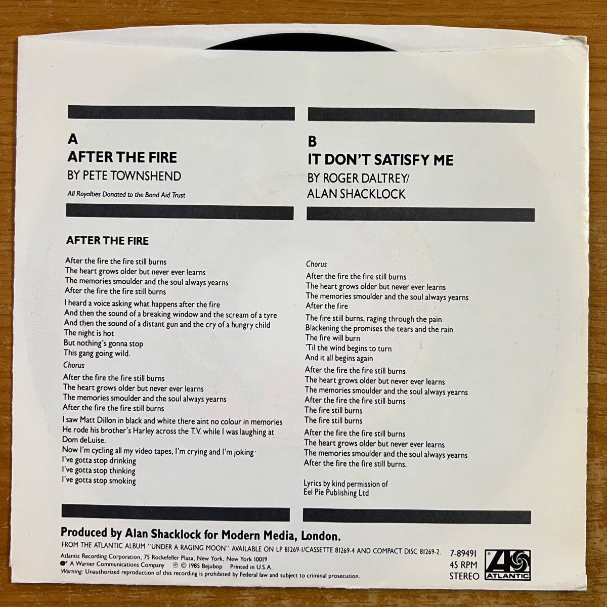 Roger Daltrey - After The Fire / 1. US-Press. 1985 - (M-/M-)
