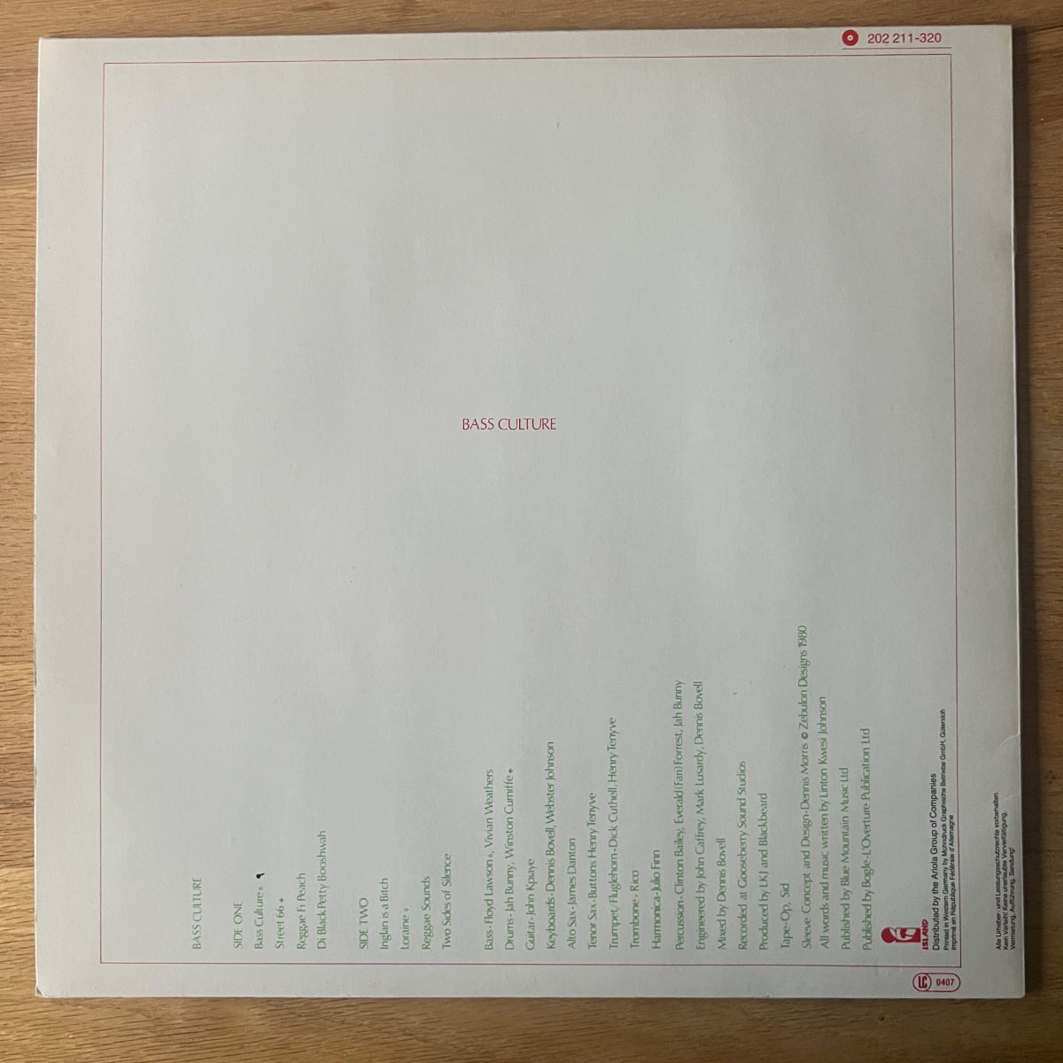 Linton Kwesi Johnson - Bass Culture / 1. D-Press. 1980 - (M-/M-)