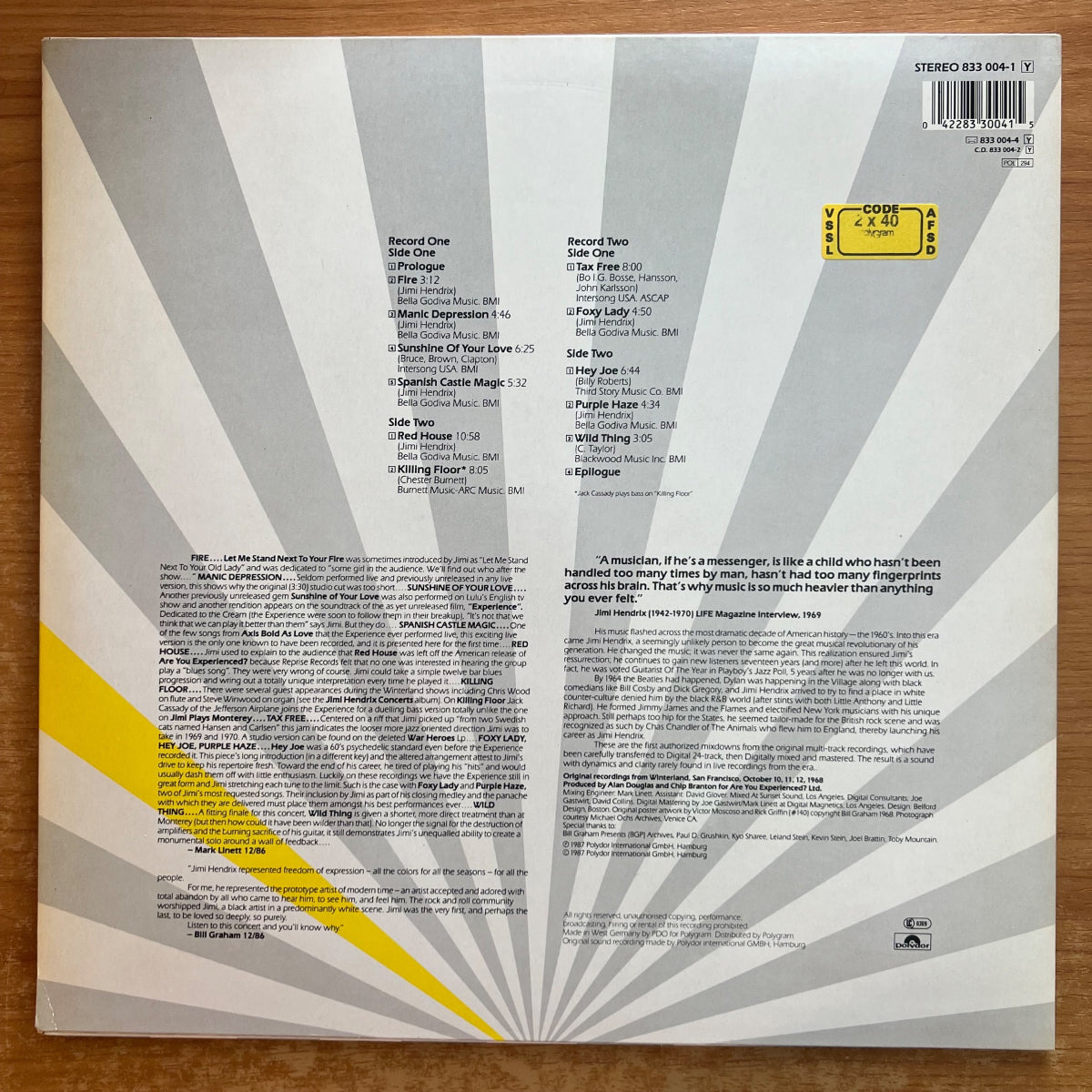 Jimi Hendrix - Live At Winterland / 2 LP - 1. D-.Press. 1987 - (M-/VG++)