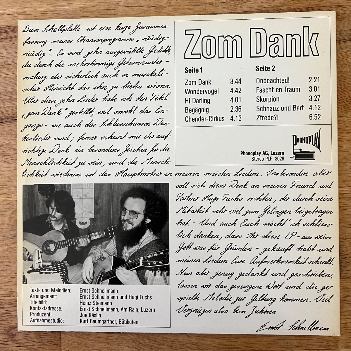 Ernst Schnellmann - Zum Dank, Chansons / 1. Swiss-Press. 197? - (M-/M-)