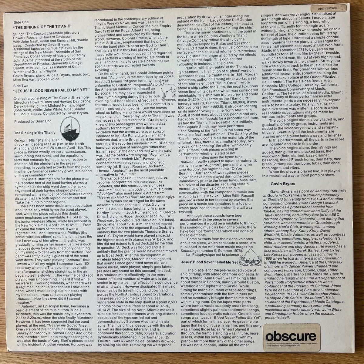 Gavin Bryars - Le Naufrage du Titanic / Presses britanniques. 1978 - (M-/VG++)