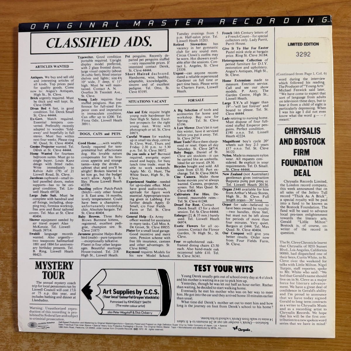 Jethro Tull - Thick As A Brick / Audiophile MFSL 1985 - (M-/M-)