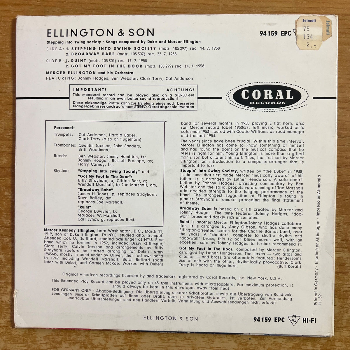 Ellington & Son - Stepping Into Swing Society / 7" EP - 1. D-Press. 1959 - (VG+/VG++)