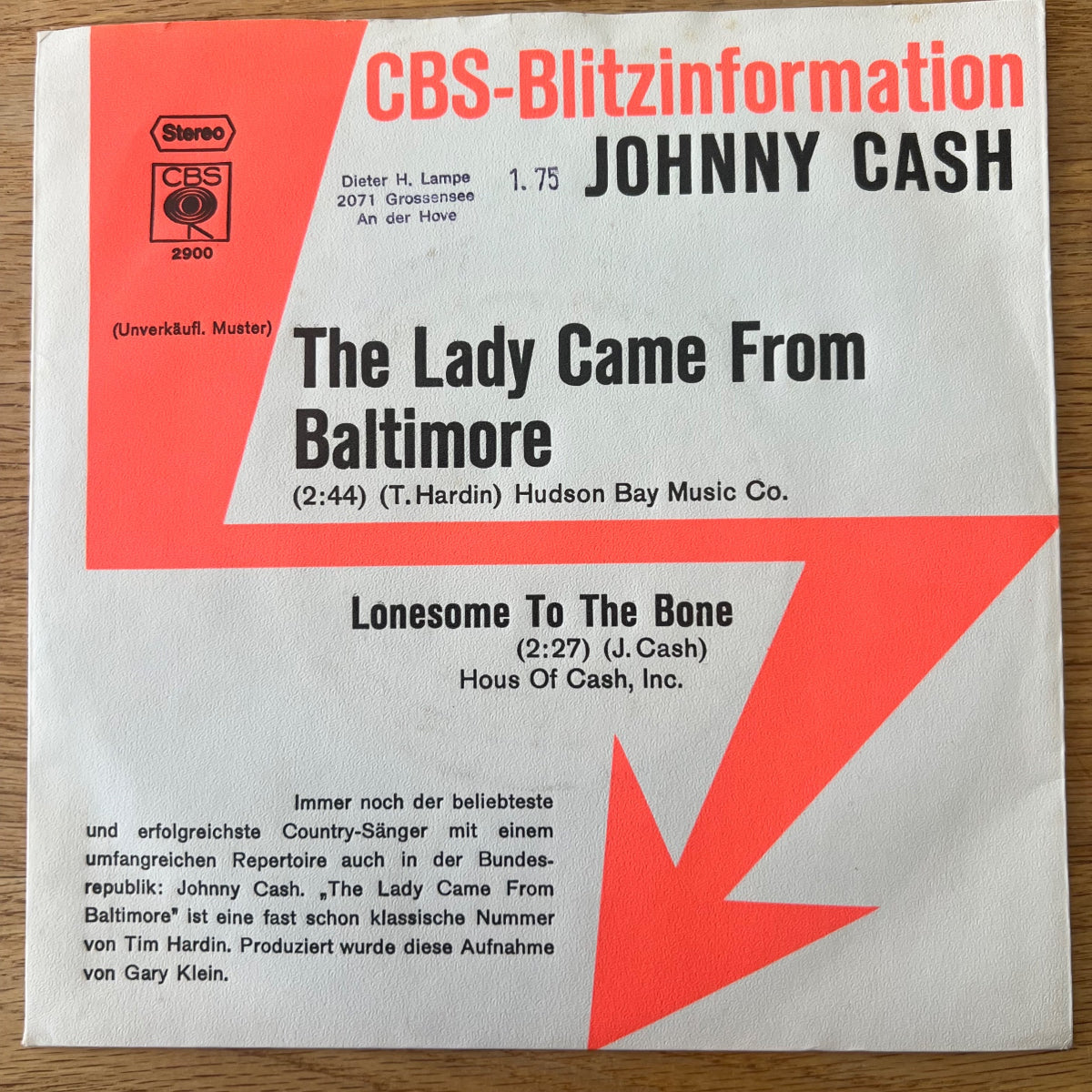 Johnny Cash -The Lady Came From Baltimore / D-Promo 1974 - CBS-Promo - (M-/VG++)