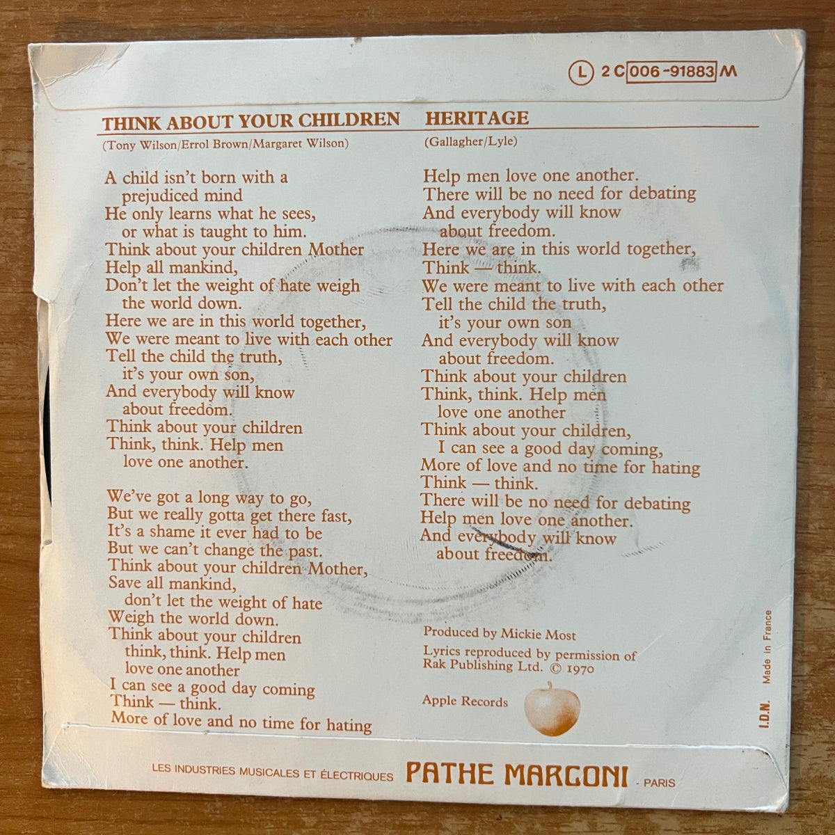 Mary Hopkin - Think About Your Children / 1. France-Press. 1970 - (VG+/VG+)