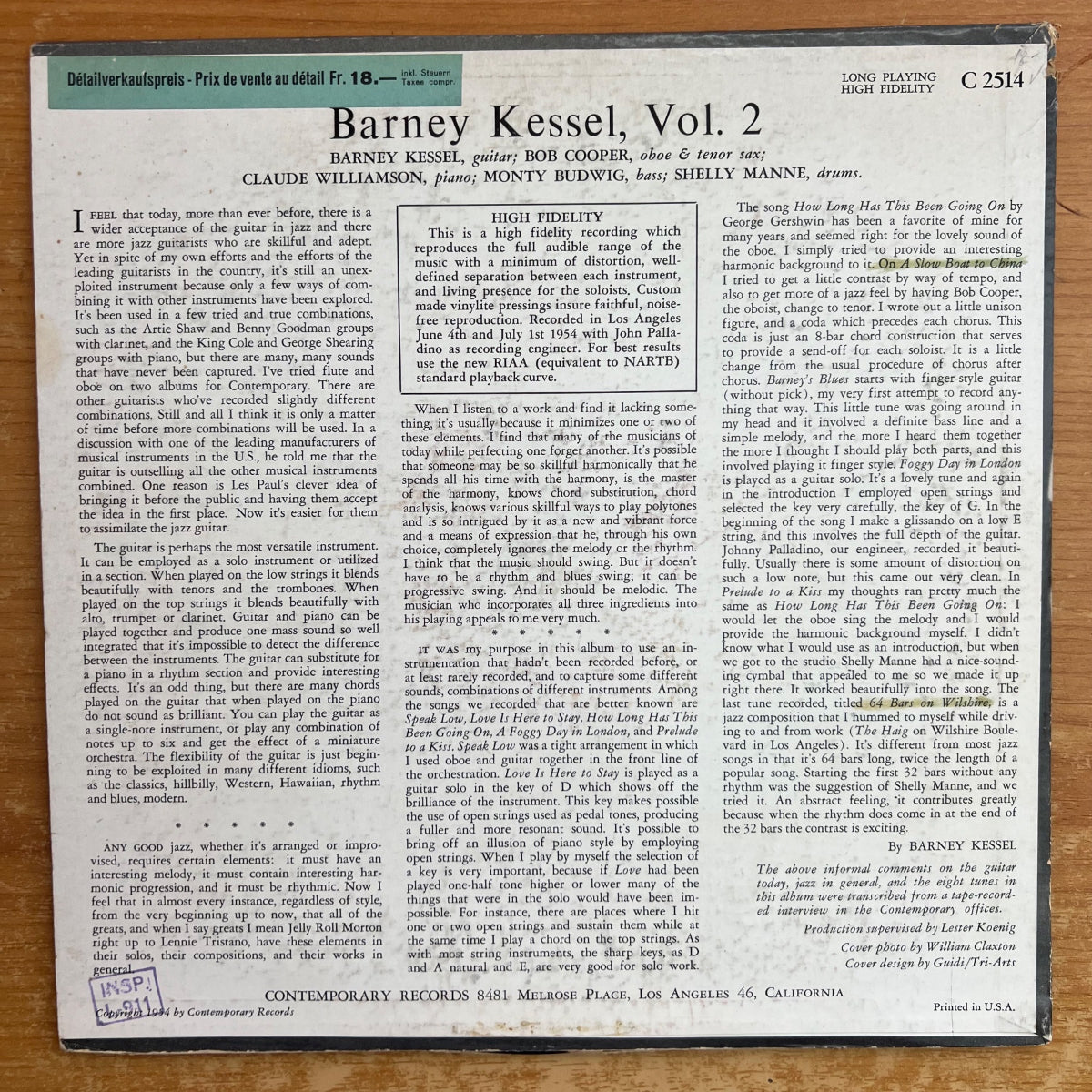 Barney Kessel - Volume 2 / 1. France-Press. 1954 - (VG+/VG+)