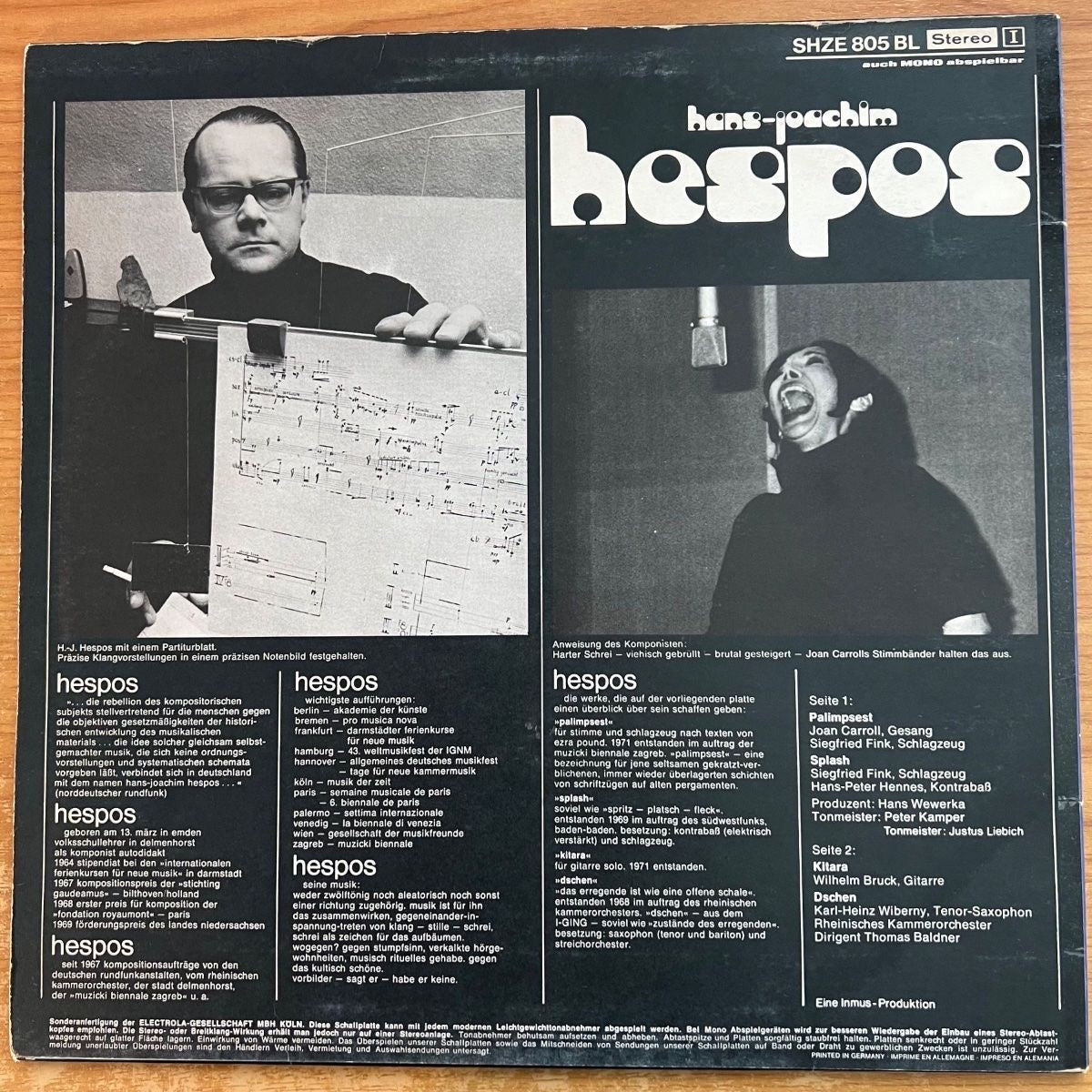 Hans-Joachim Hespos - Dschen, Palimpsest, Splash, Kitara / 1. D-Press. 1972 - (M-/VG++)