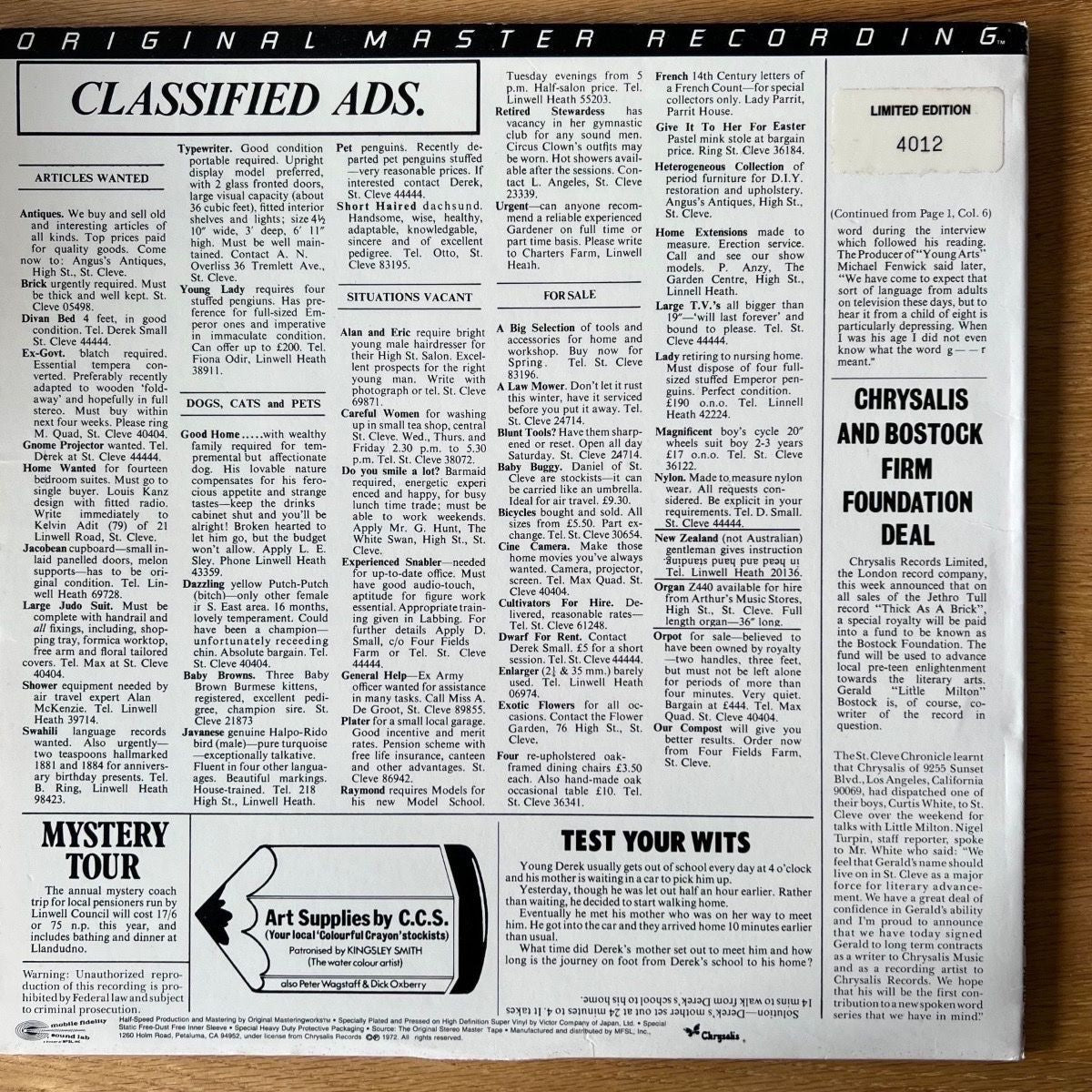 Jethro Tull - Thick As A Brick // Audiophile MFSL 1985 - (M-/M-)