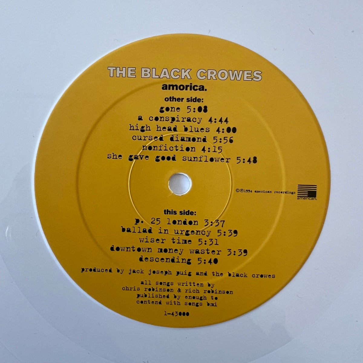 Black Crowes - America // 1ère édition américaine. 1994 - Vinyle blanc - (M-/VG++)