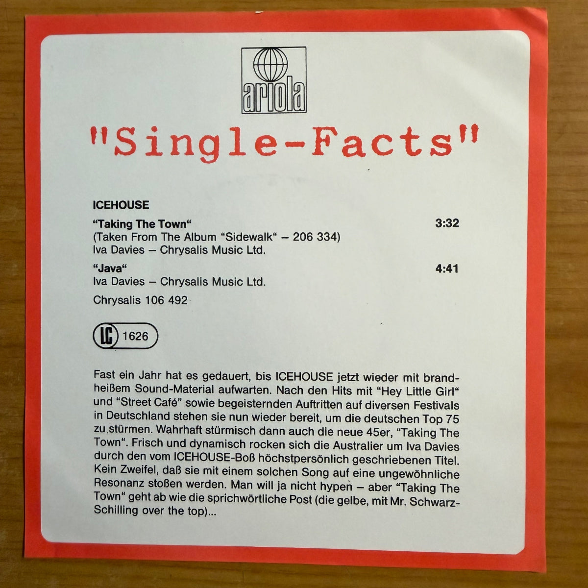 Icehouse - Taking The Town / 1. D-Press. 1984 - Promo - (VG++/VG++)