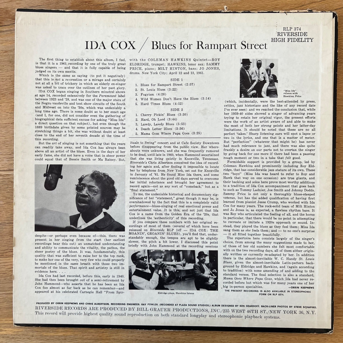 Ida Cox &amp; Coleman Hawkins Quintet - Blues For Rampart Street / 1st US Press. 1961 - (M-/VG+)