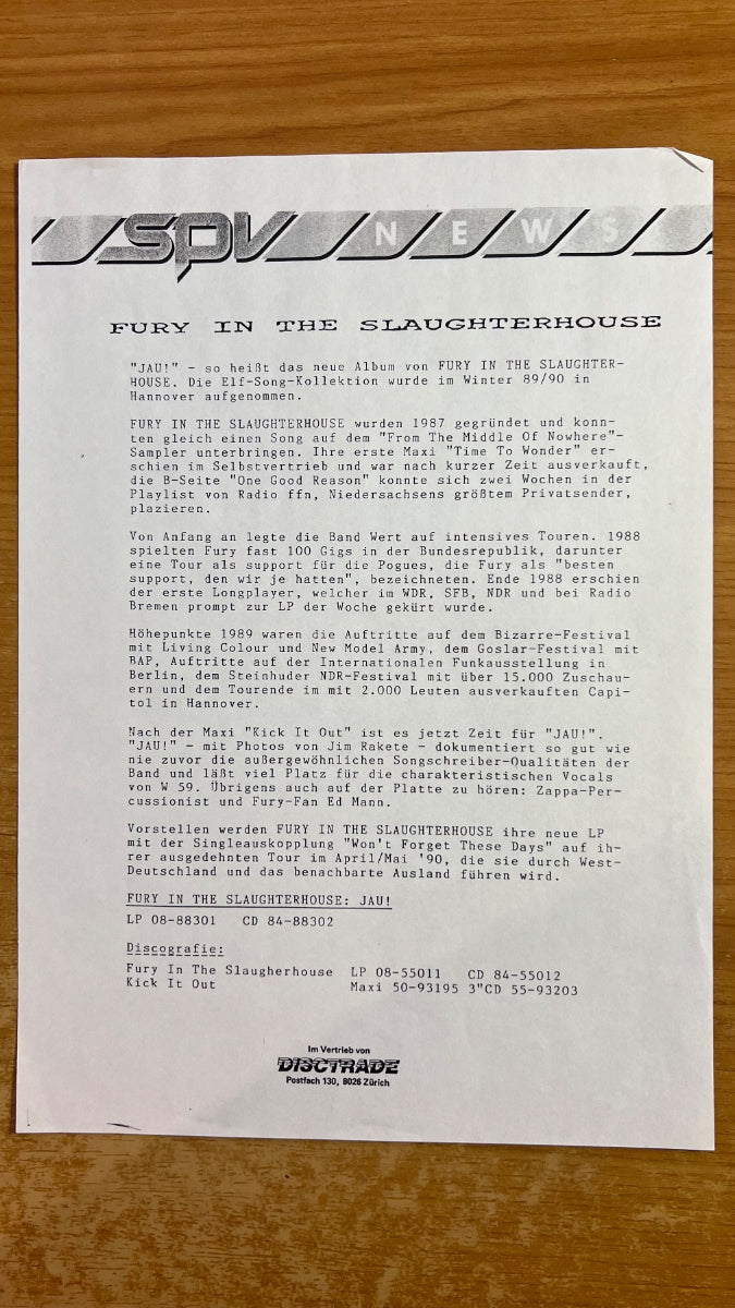 Fury In The Slaughterhouse - Jau! / 1. D-Press. 1990 - (M-/VG+)