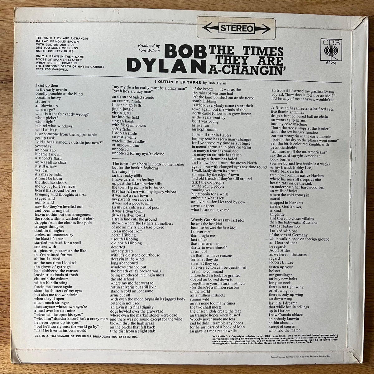 Bob Dylan - The Times They Are A-Changin' / UK-Press. 1967 - (M-/VG++)