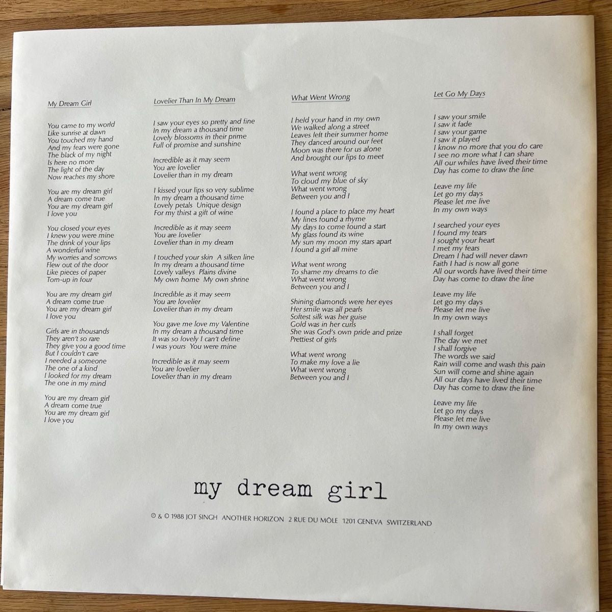 Nick Lambing, Jot Singh - My Dream Girl / 1. Swiss-Press. 1988 - (M-/VG+)